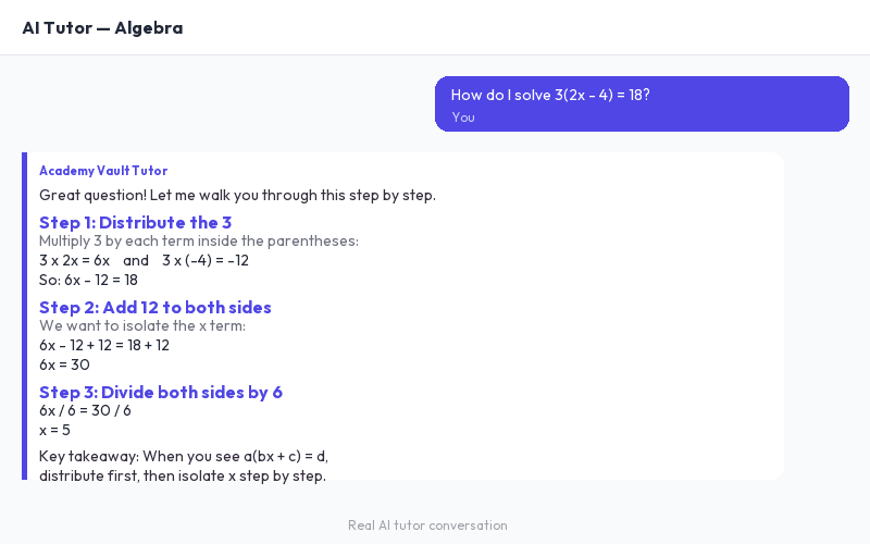 Screenshot of MyAcademyVault AI tutor solving an algebra problem step by step